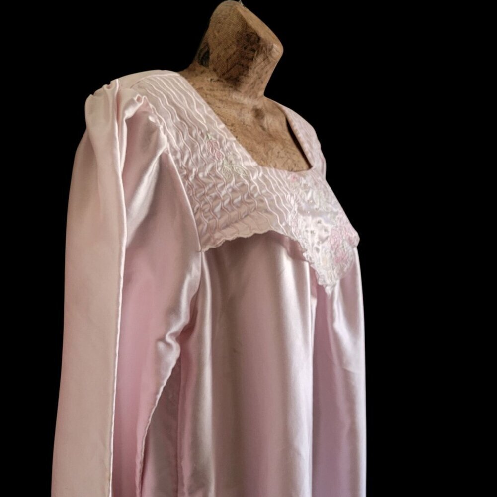 Vintage Pink Satin Nightgown With Embroidered Floral & Pearls Details Size M